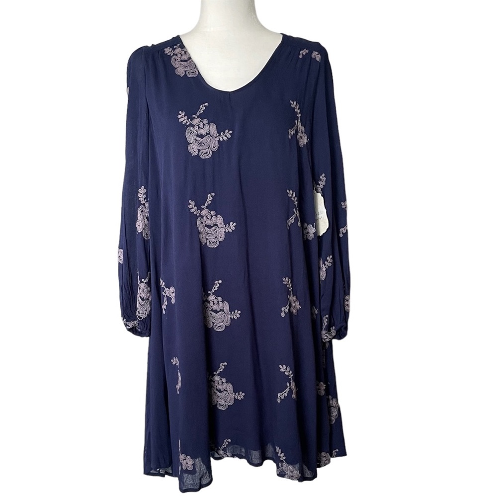 NWT Altar’d State Navy/Grey LS Boho Swing Dress Floral Embroidery Pockets Size S